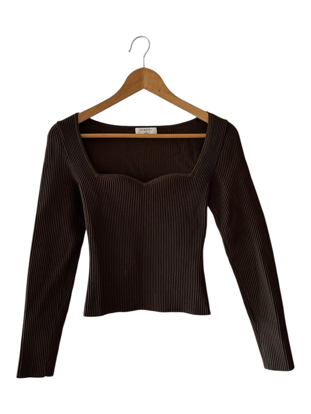 Babaton Aritzia XS Sculpt Knit Sweetheart Long Sleeve Top Brown Ribbed - Picture 3 of 10